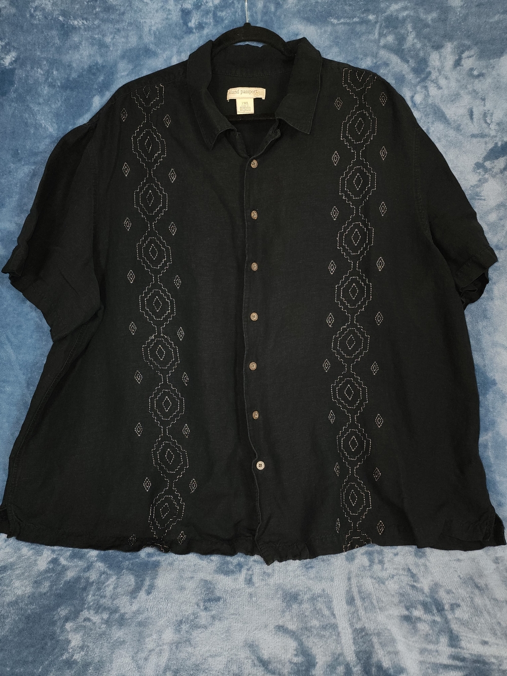 Mens Black Short-Sleeve Embroidered Button-Down Shirt